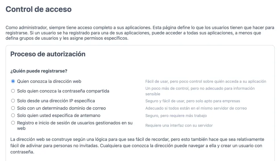 Opciones de control de acceso