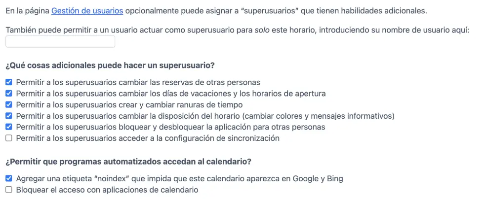 Ajustes de acceso de superusuarios