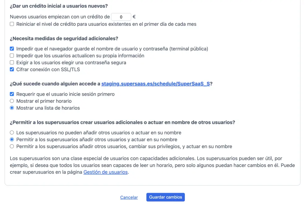 Otros ajustes de registro/autorización
