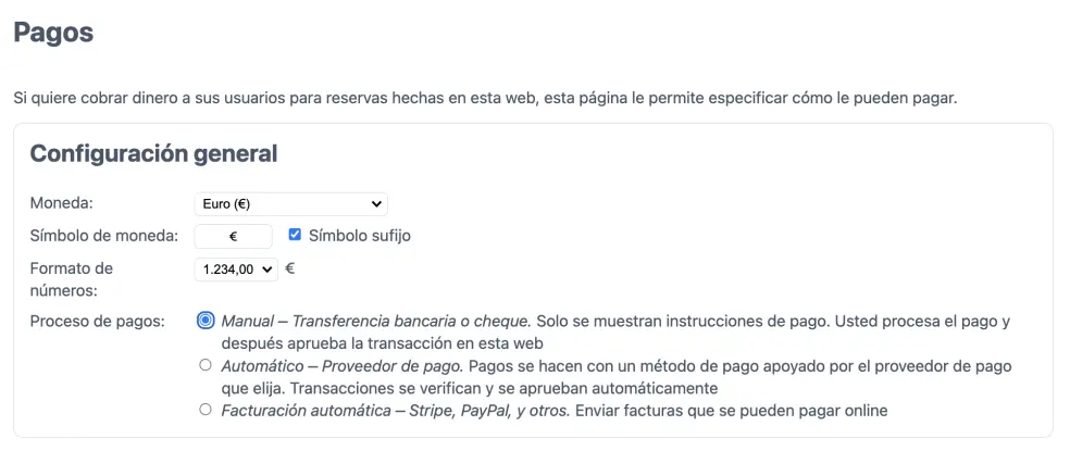 Configuración de pago manual