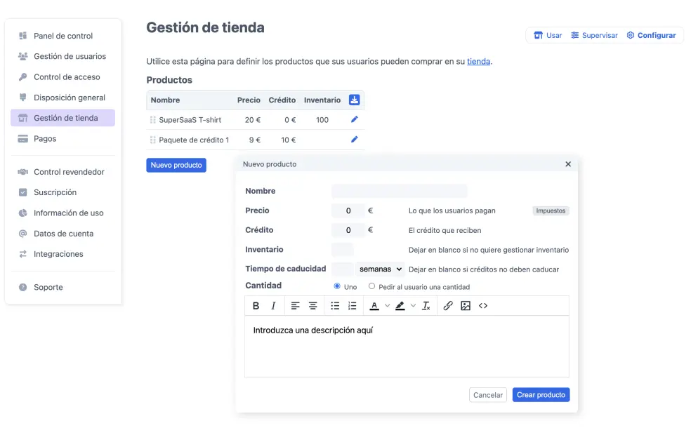 Añadir productos o créditos a tu tienda online