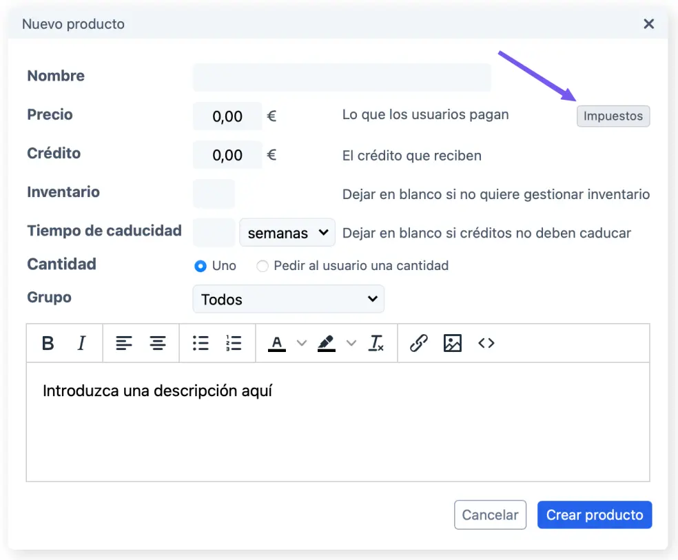 Añadir impuesto a producto