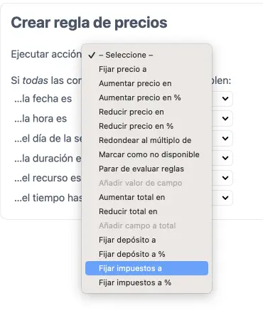 Desplegable para añadir impuestos