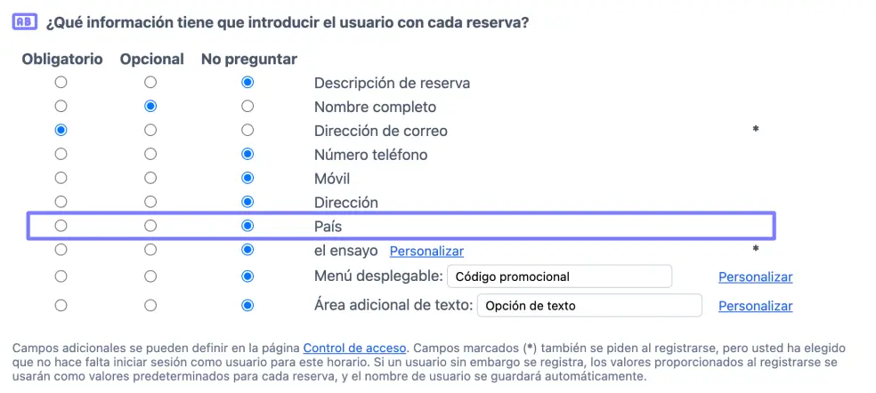 Campos de registro de usuarios