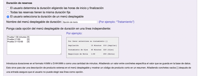 Lista de selección de opciones para el menú desplegable de duración