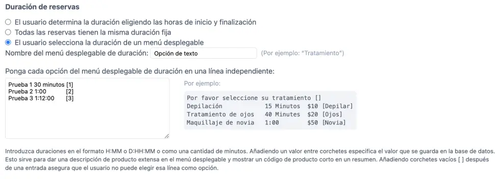 Lista de selección de opciones para el menú desplegable de duración