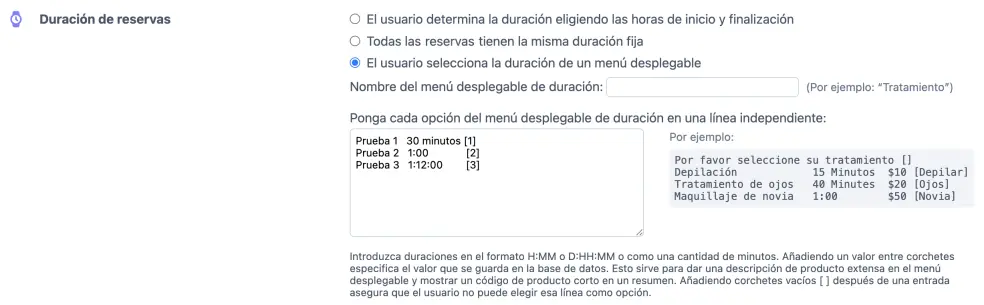 Lista de selección de opciones para el menú desplegable de duración