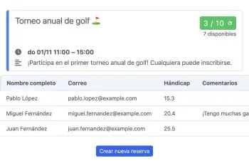 Widget de reservas de golf de SuperSaaS integrado en una tablet para reservar tee times