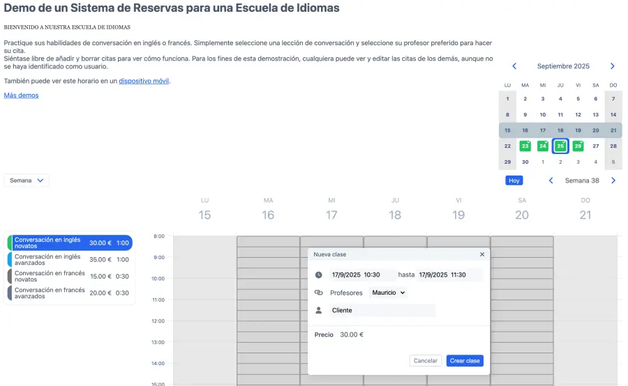 Pestaña Servicios de una escuela de idiomas
