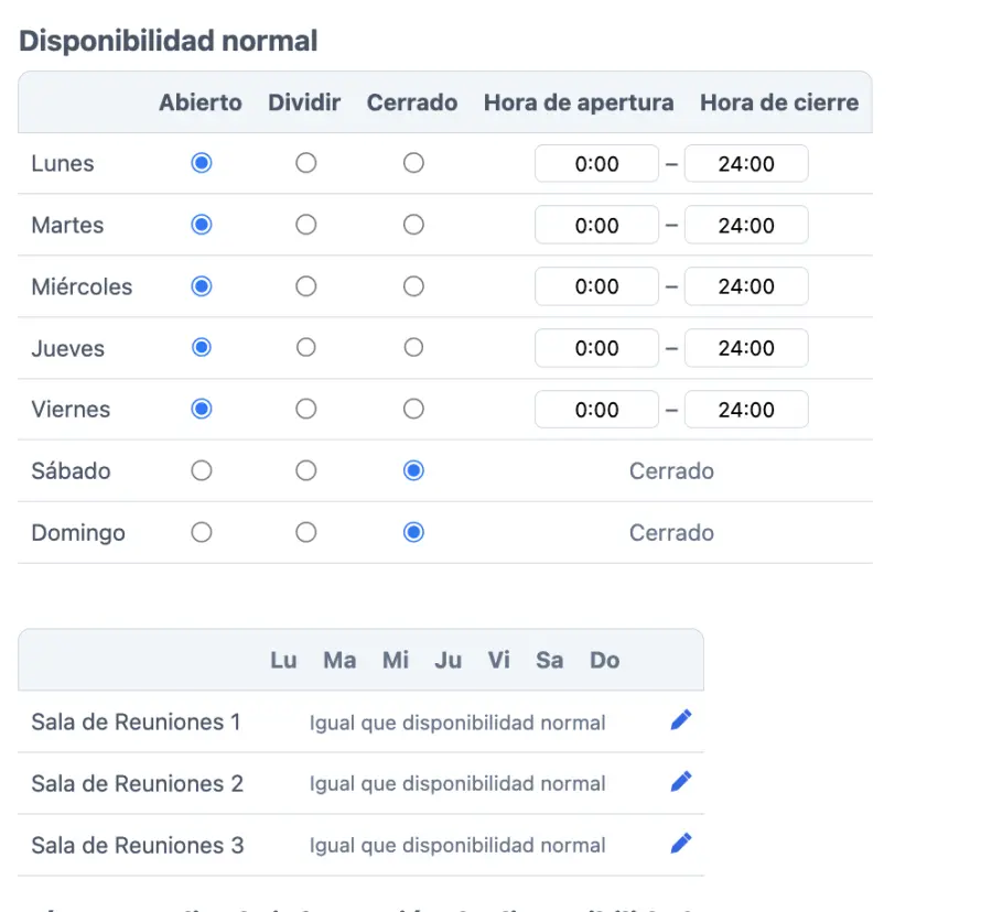 Gestionar horarios de apertura de salas