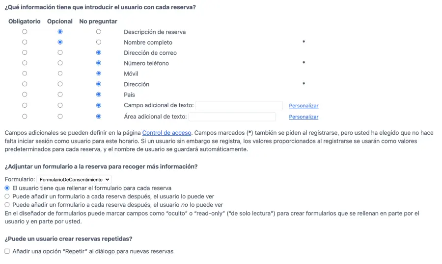 Configurar campos de entrada en tu horario
