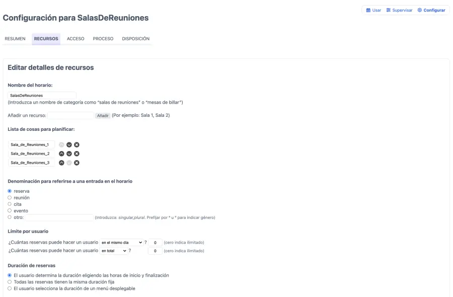 Gestionar la configuración de la reserva de salas