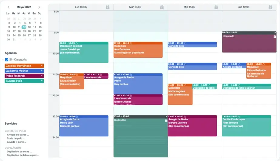 Calendario de citas de Bookitit con las reservas de cada agenda