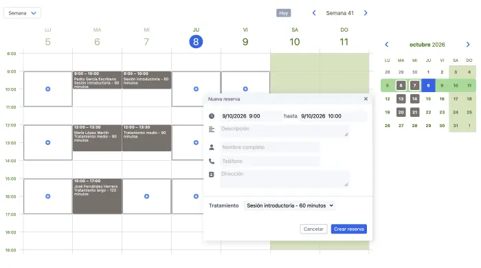 Calendario de citas de SuperSaaS en vista de semana con el formulario de nueva reserva