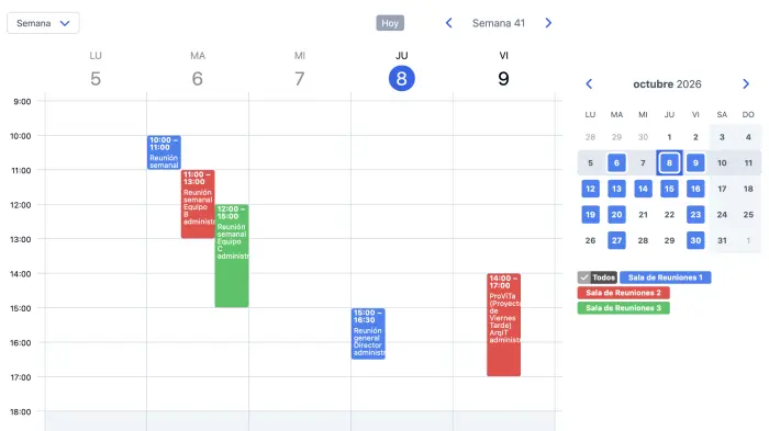 Calendario de SuperSaaS en vista de semana con reservas de varias salas de reuniones
