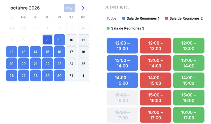 Widget de reservas de SuperSaaS con horarios disponibles por sala de reuniones