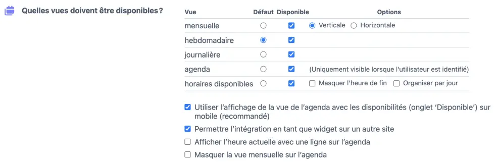 Affichages disponibles