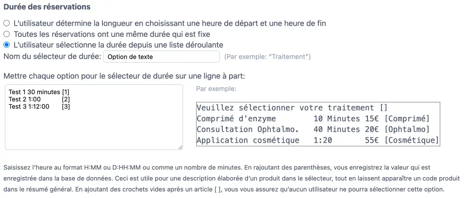 Liste de sélection avec option de durée