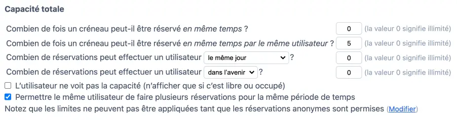 Limites par créneau