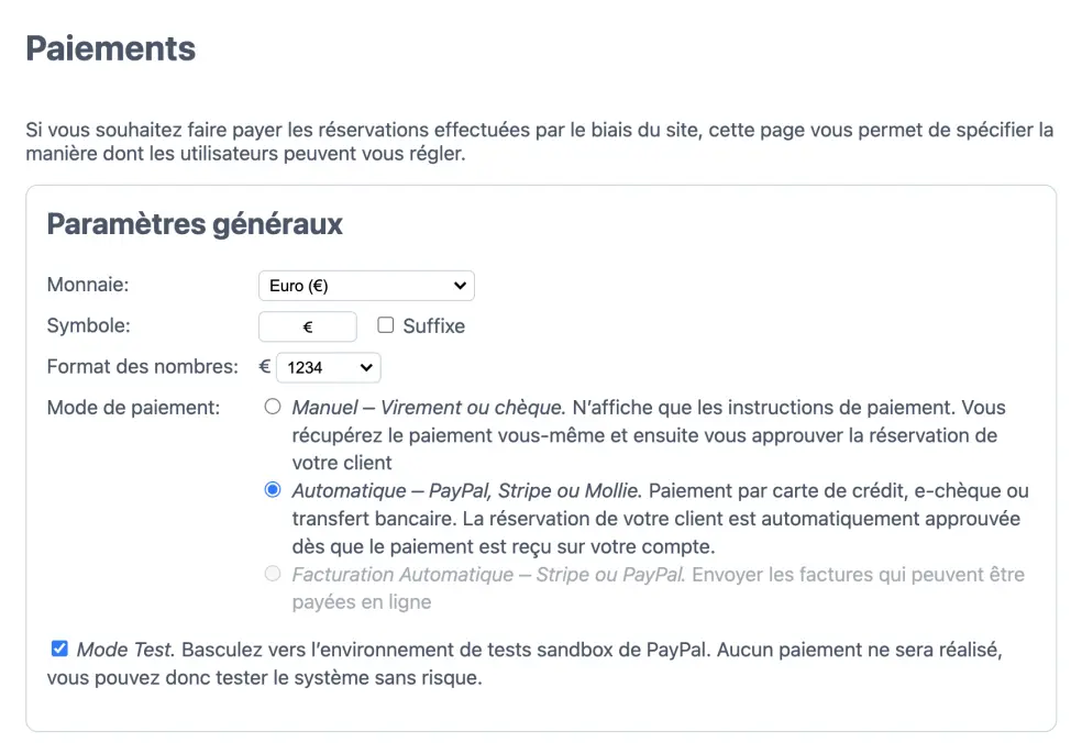 Configuration des paiements en ligne
