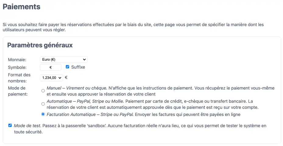 Paramètres pour le paiement