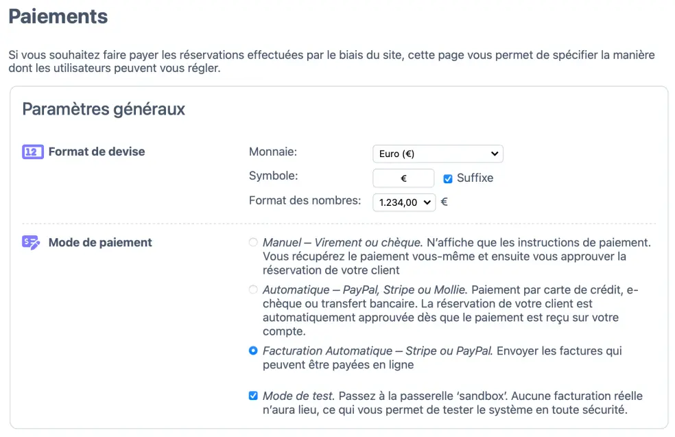 Paramètres pour le paiement