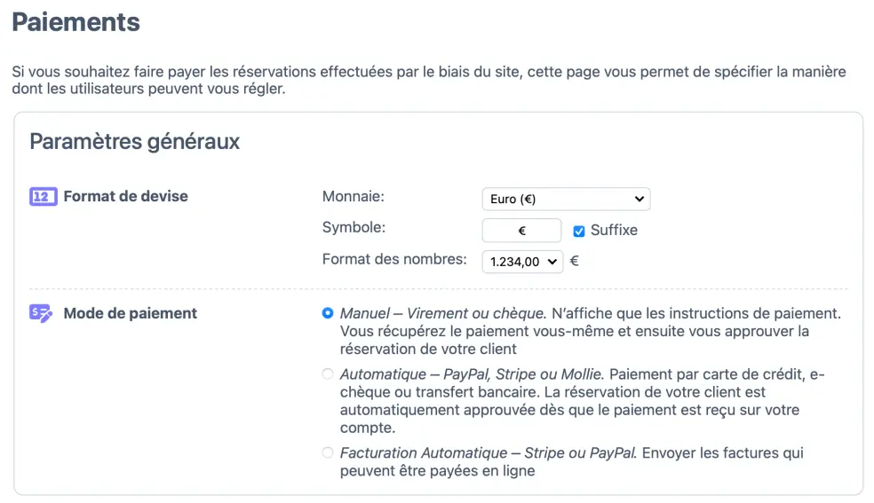 Paramétrage du paiement manuel