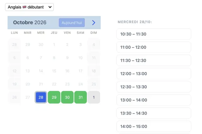 Exemple d’un widget de type agenda SuperSaaS sur une tablette pour les écoles de langues