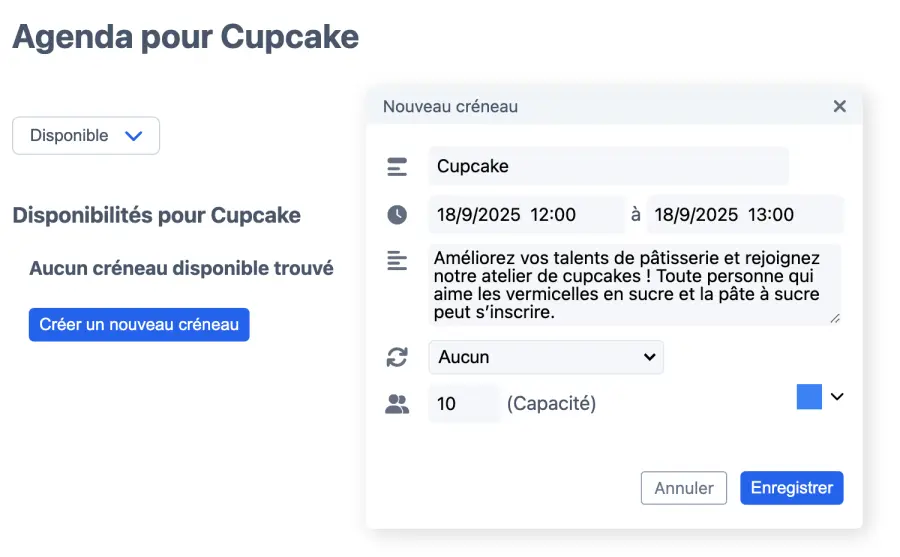 Ajouter une fenêtre de dialogue à l’agenda cupcake