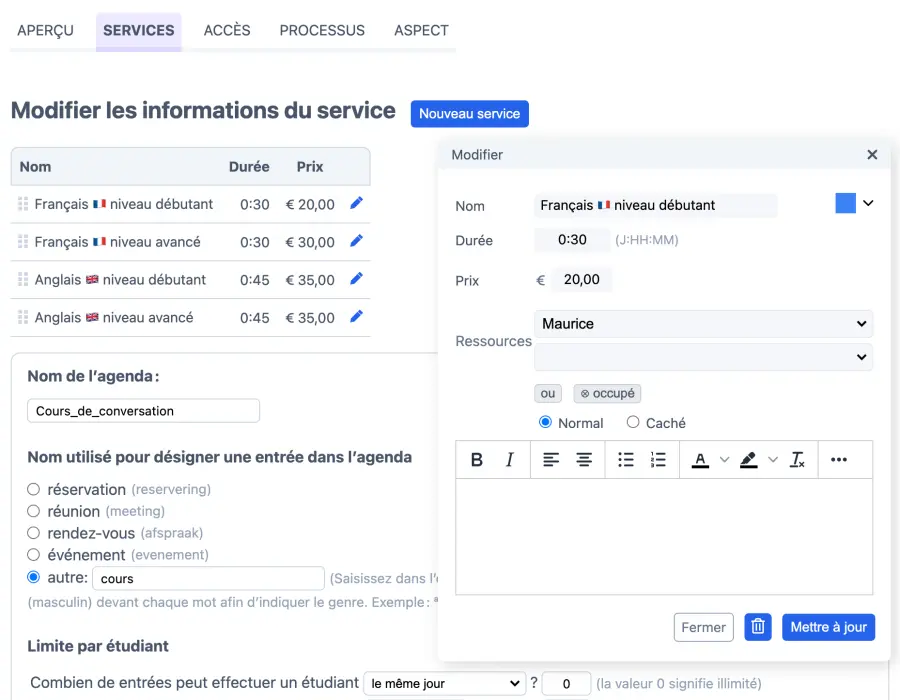 Tarifs des cours de conversation