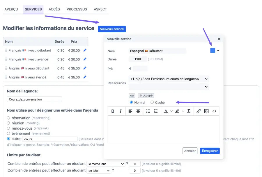 Configuration des leçons de conversation