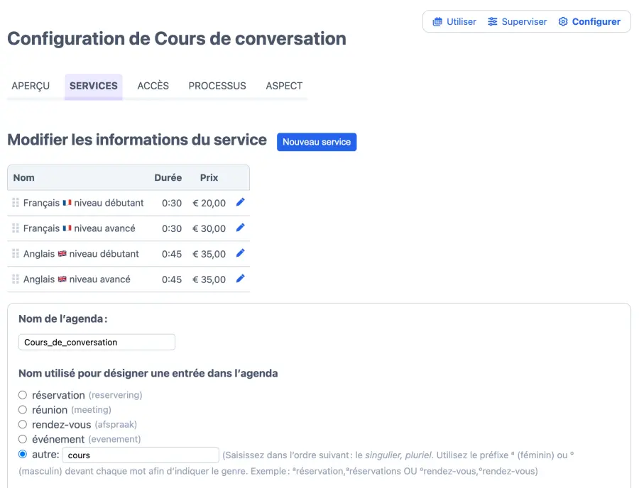 Onglet service école de langues