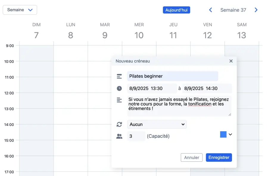 Boîte de dialogue nouvelle plage horaire