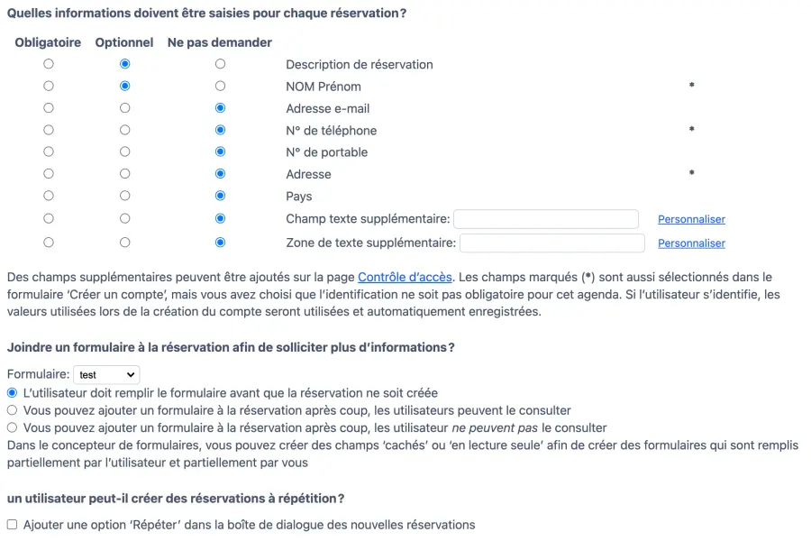 Configurer les champs de saisie sur votre agenda