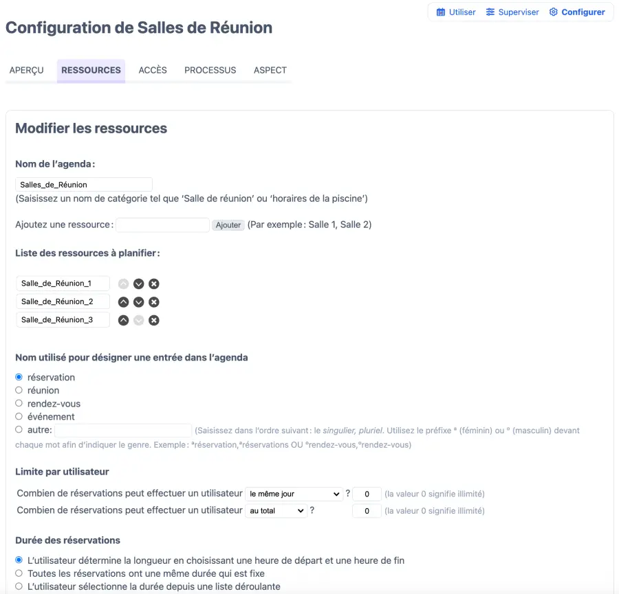 Gestion de la configuration de réservation de la salle