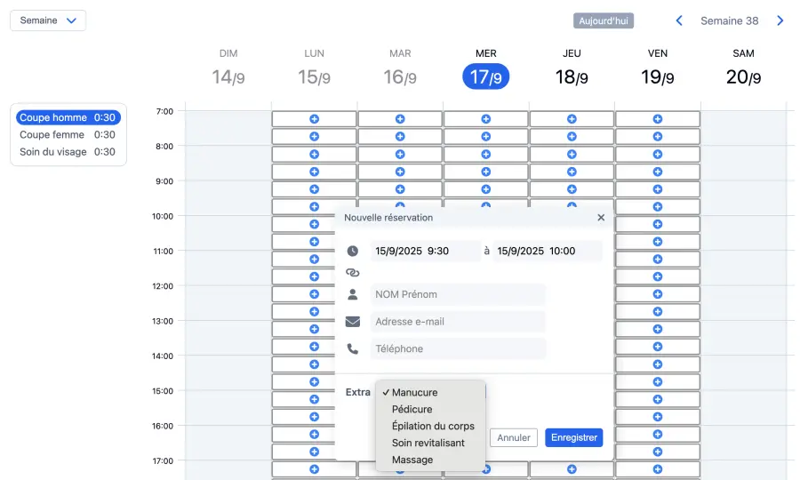 Créez une réservation sur votre calendrier de rendez-vous en ligne.