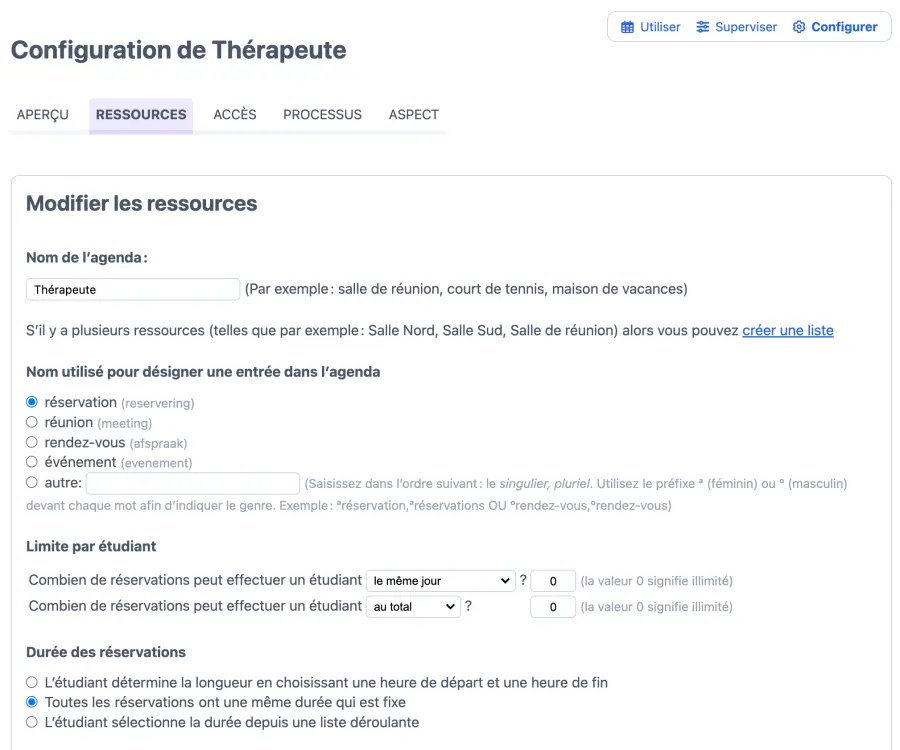 Onglet des ressources administrateur