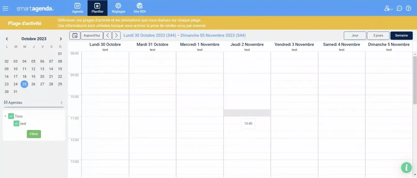 Agenda SmartAgenda en vue semaine pour planifier les plages d’activité