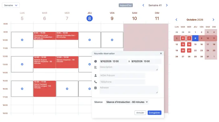 Agenda de rendez-vous SuperSaaS en vue hebdomadaire avec le formulaire de nouvelle réservation