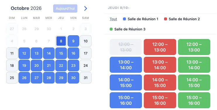 Widget de réservation SuperSaaS avec les créneaux disponibles par salle de réunion