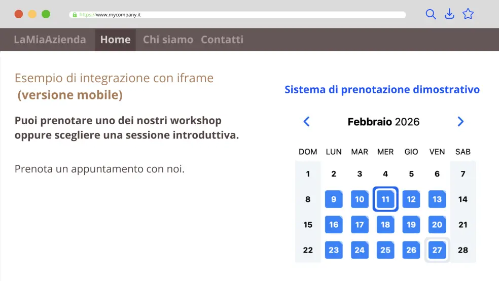integrazione via iframe con versione mobile del calendario prenotazioni