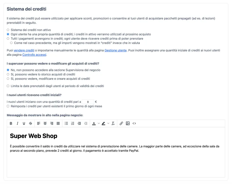 Configurare il sistema dei crediti