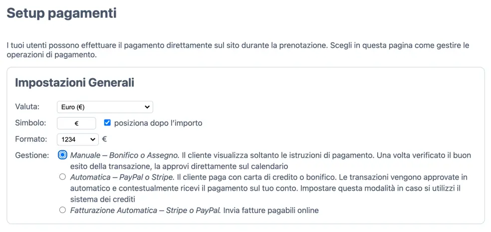 Configurazione dei pagamenti manuali