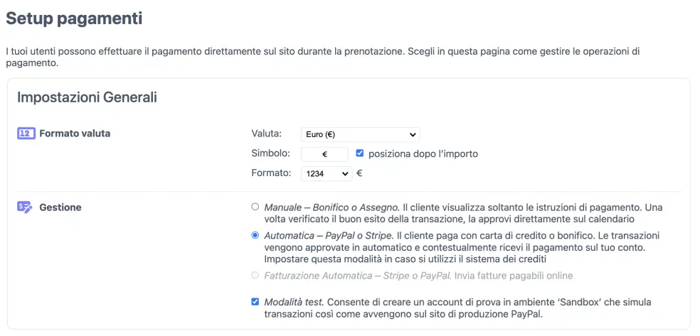 Configurare i pagamenti online