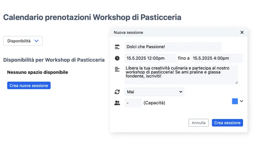 Pop-up crea nuova sessione