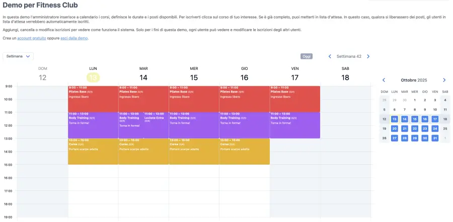 Calendario fitness degli Utenti