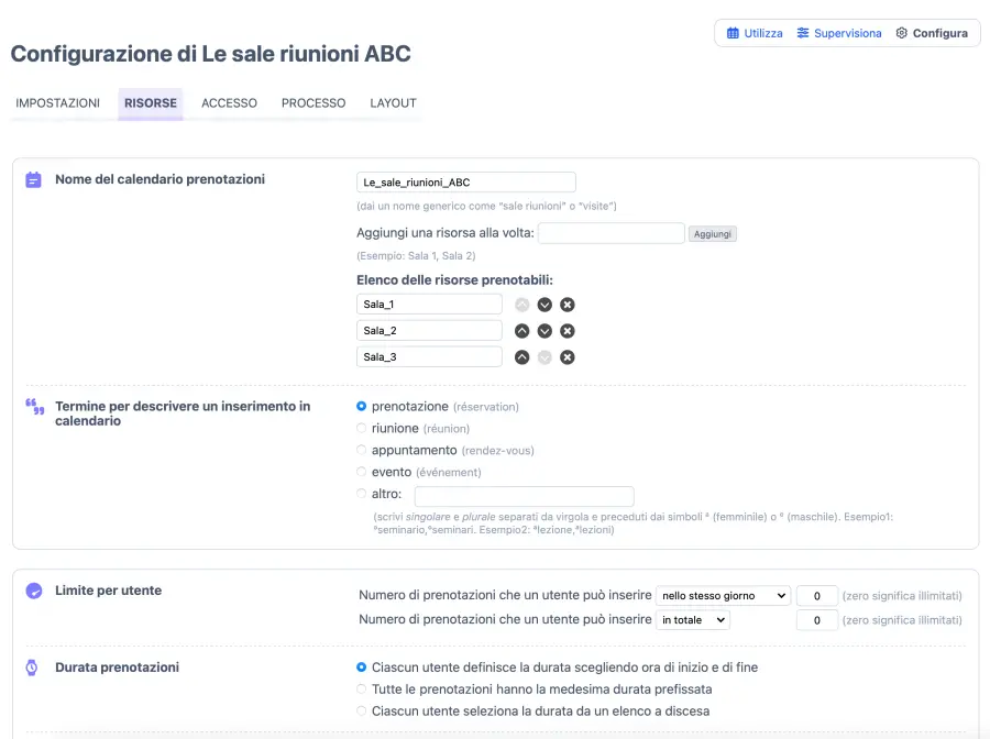 Gestione configurazione prenotazioni sale