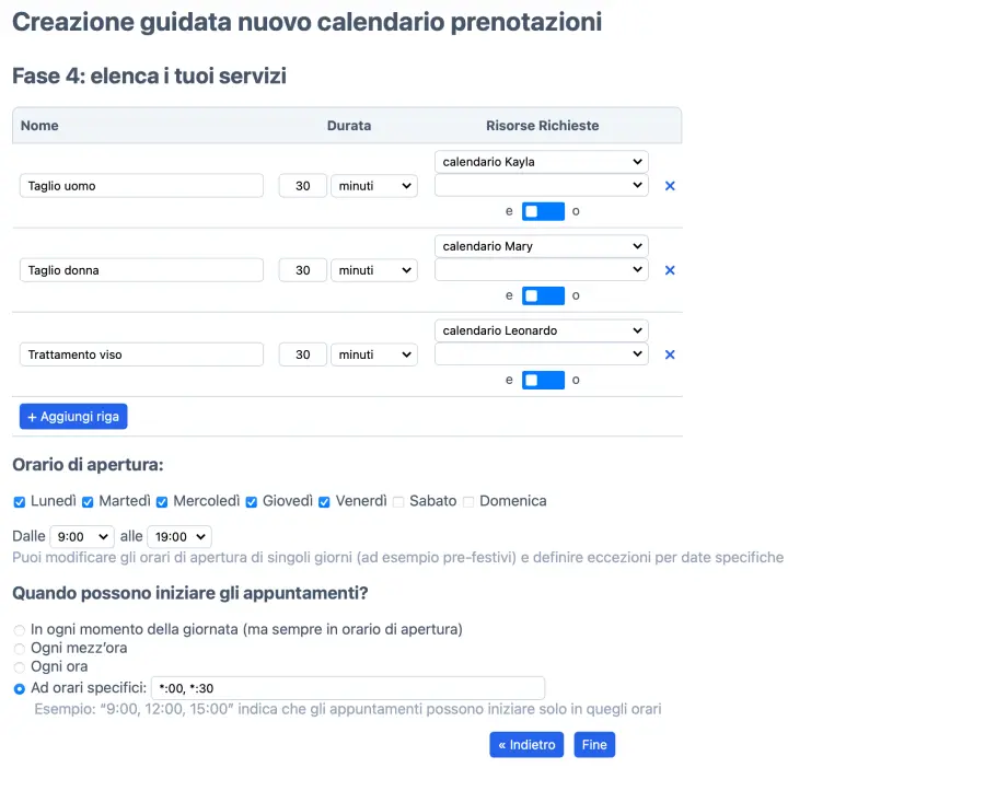Gestisci i servizi nel calendario appuntamenti