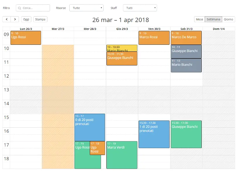 Calendario settimanale di Softvision Agenda con appuntamenti e lezioni a posti limitati