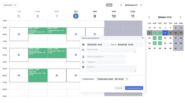 Agenda appuntamenti SuperSaaS in vista settimanale con il modulo per una nuova prenotazione